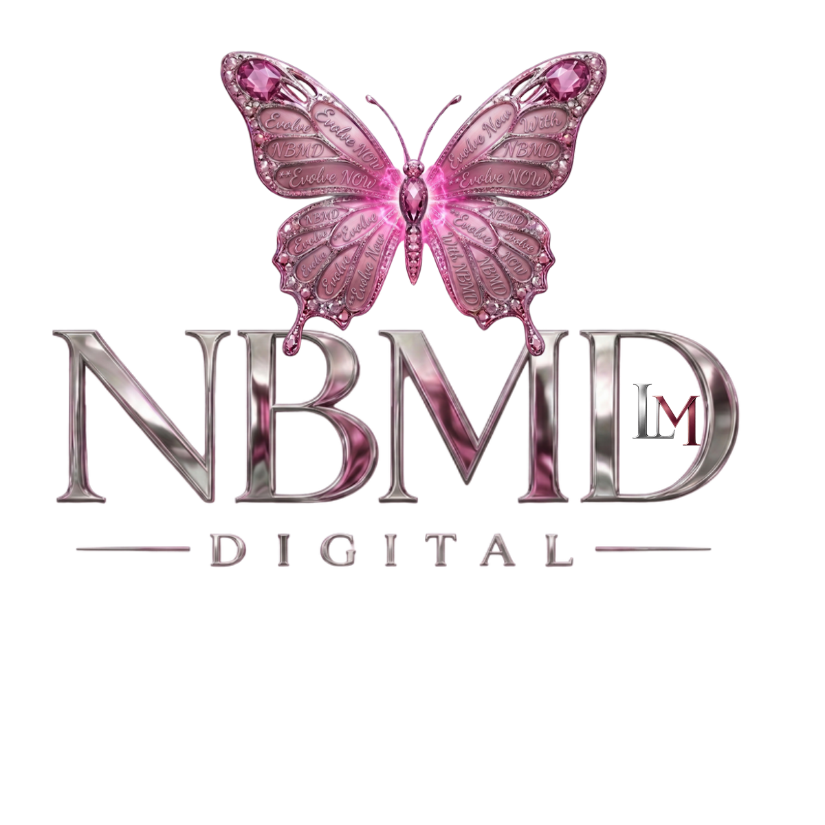 NBMD Digital, pink jewelled butterfly and chrome wordmark logo